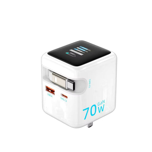 70W GaN Smart-Ladegerät Cube – 3-Port USB-C Schnellladegerät mit LED-Display & inkl. 100W USB-C Ladekabel