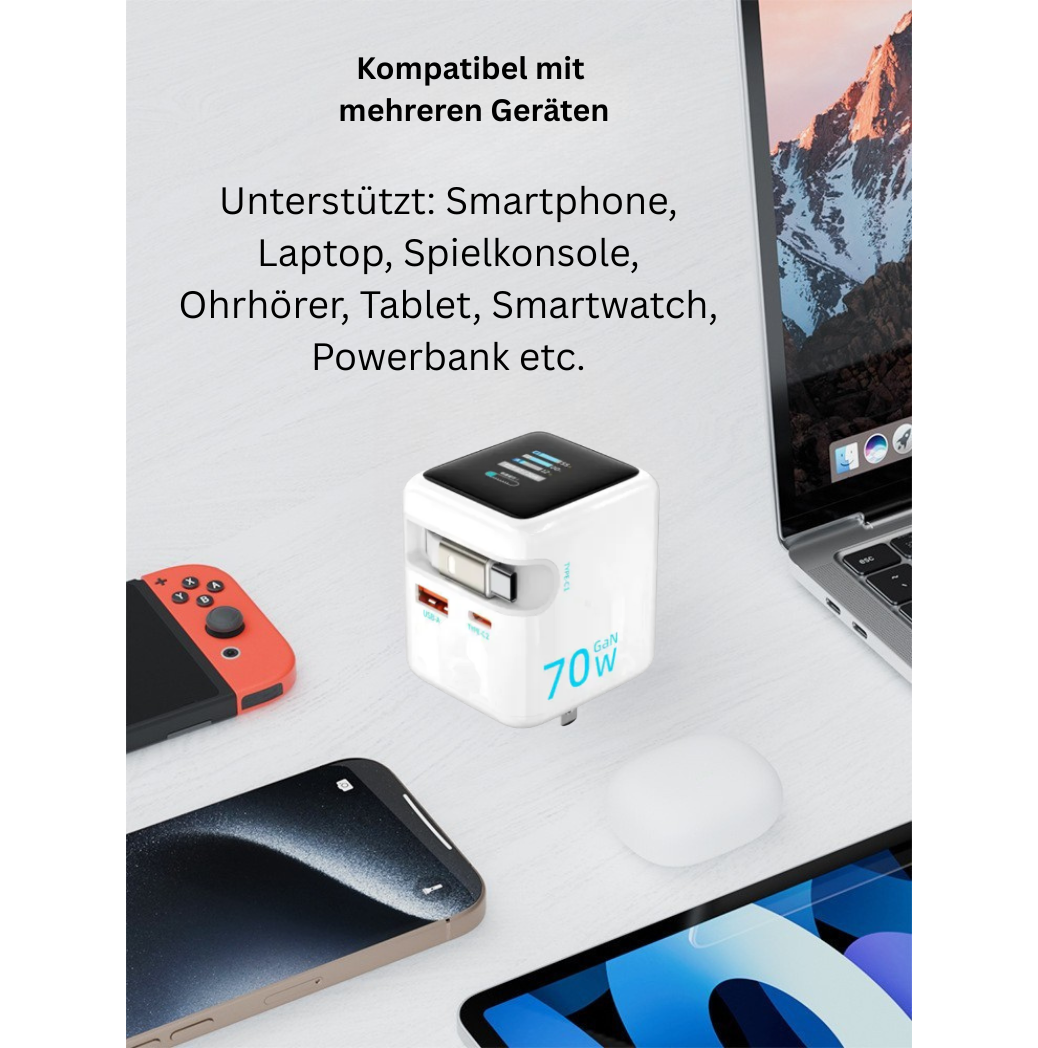 70W GaN Smart-Ladegerät Cube – 3-Port USB-C Schnellladegerät mit LED-Display & inkl. 100W USB-C Ladekabel